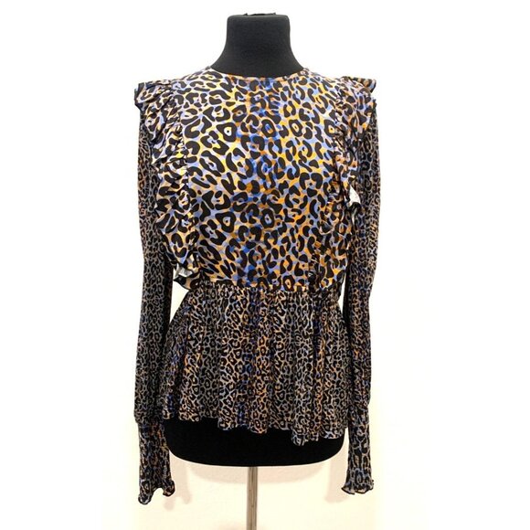 Anthropologie Bl^nk Moira Ruffled Peplum Leopard Print Top Size S - Picture 2 of 13